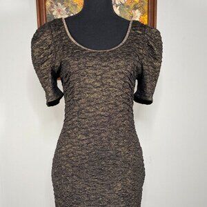 Level Eight Dress Women's Medium Scoop Neck Black Gold Textured Puff Sleeve
